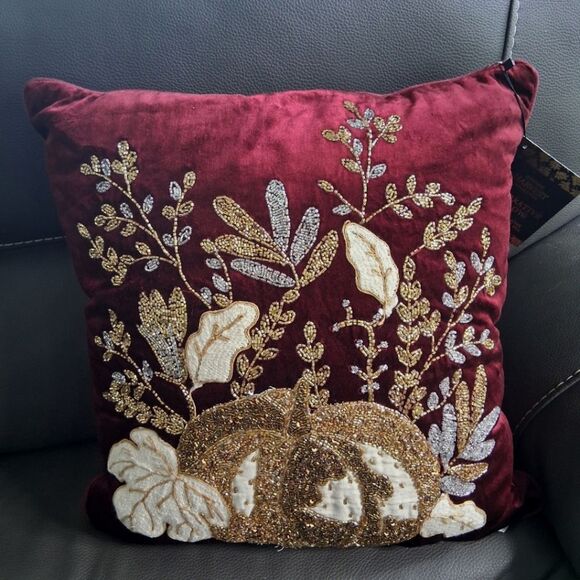 Envogue Harvest Collection Pillow Pumpkin Beaded Maroon Down Alternative New - Picture 1 of 8